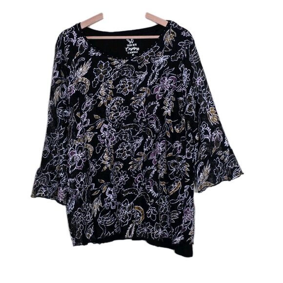 Canda C&A Top Womens L Black Floral Lined 3/4 Sheer Sleeves Lagenlook Whimsigoth - Picture 1 of 15